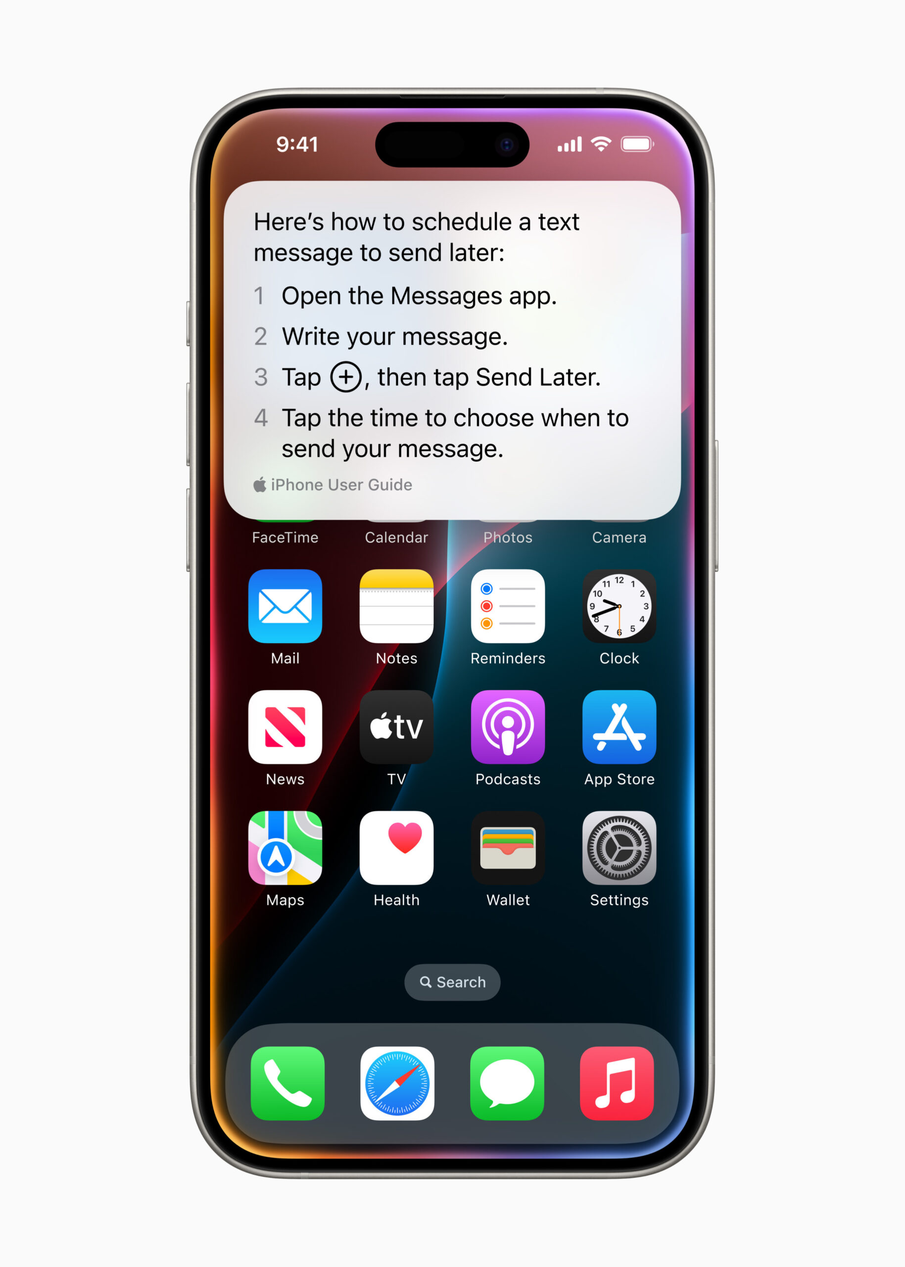 iPhone screen showing instructions on scheduling a text message using Apple Intelligence.