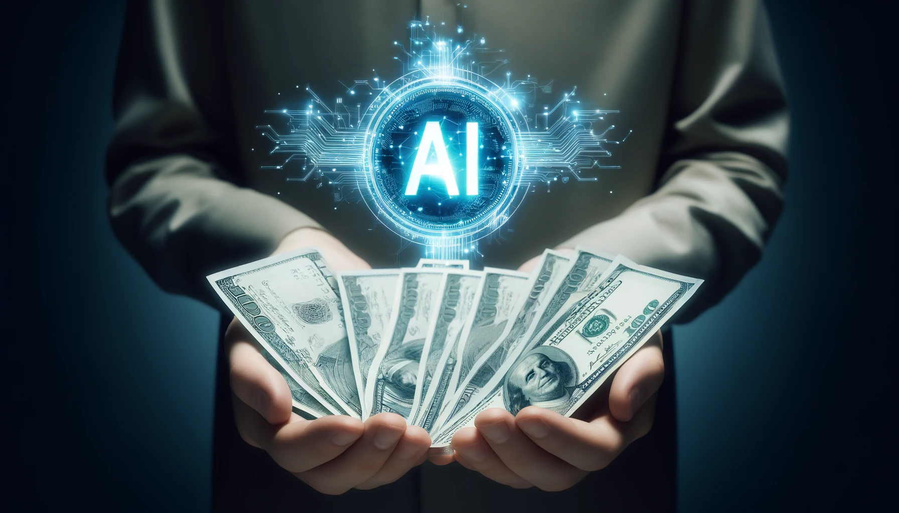 Human hands holding $100 bills with a prominent "AI" symbol glowing around them.
