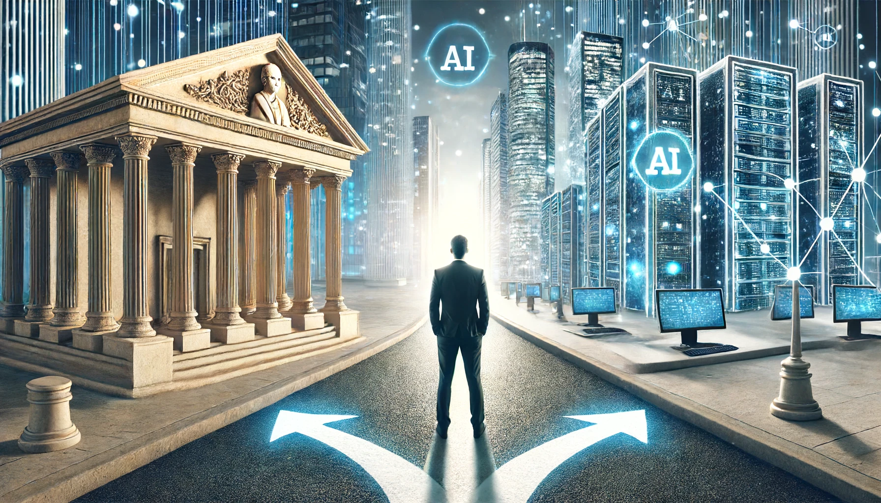 Asking AI. A person stands at a crossroads of financial decisions. One path leads to a traditional bank with imposing columns, while the other path leads to a futuristic cityscape with a sign that says "Future," representing AI-powered financial institutions.