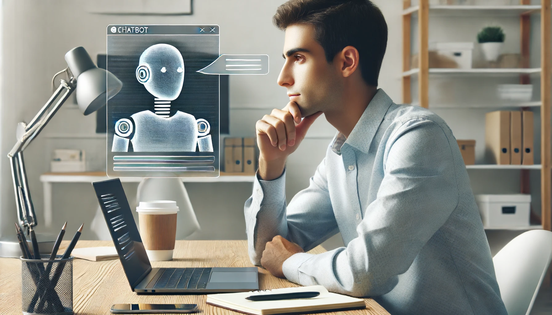 A person sitting at a desk, looking pensively at a laptop screen with a chatbot interface visible, symbolizing the role of AI assistants.