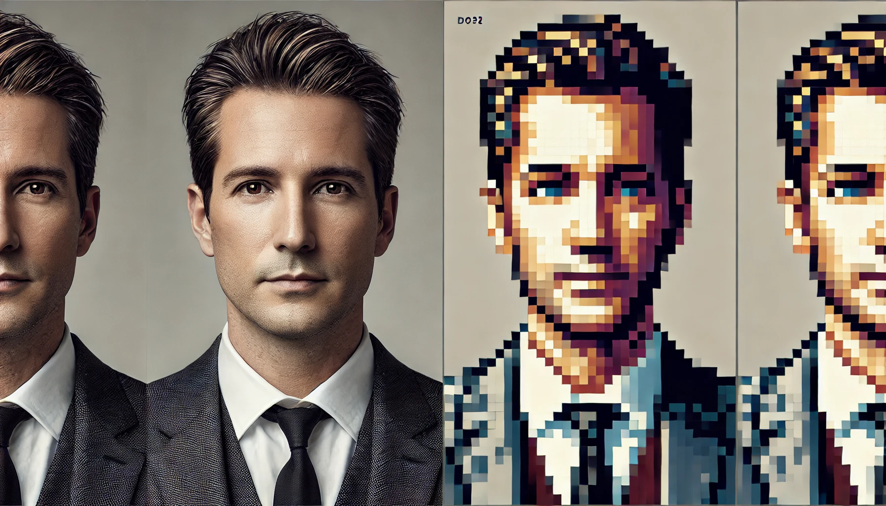A diptych showcasing a photorealistic portrait of a middle-aged man in a suit and tie on the left, and an AI-generated pixel art rendition of the same portrait on the right. The contrast between the detailed realism and the blocky pixel art highlights the theme of "Artificial Intelligence Arts.