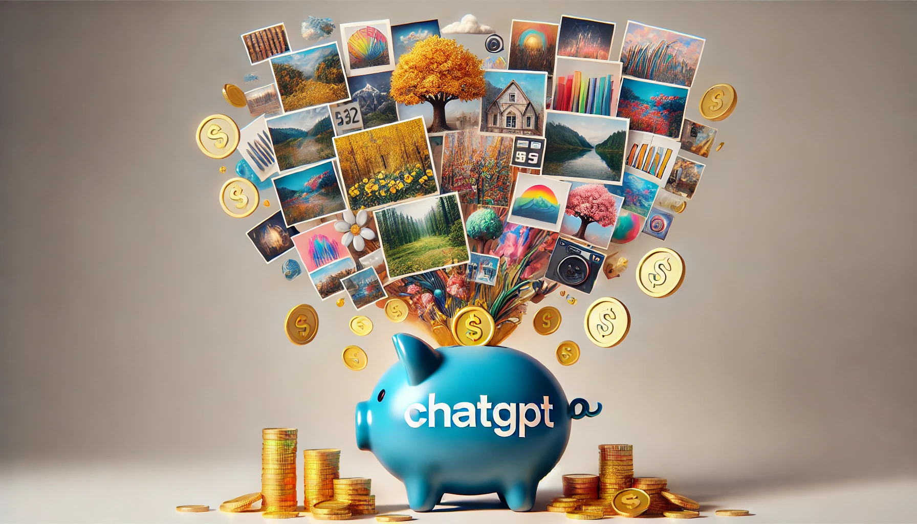 ChatGPT image generator piggy bank overflowing with gold coins and various images bursting out of the top.