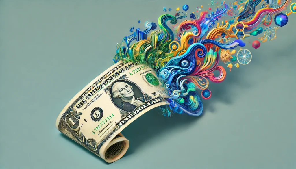 ChatGPT image generator showing a dollar bill gradually transforming into various colorful, imaginative images
