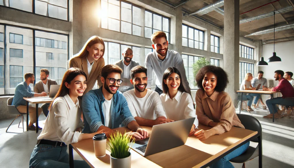 ChatGPT image generator photorealistic image of a diverse group of young professionals smiling and collaborating on a laptop in a bright, modern office space.