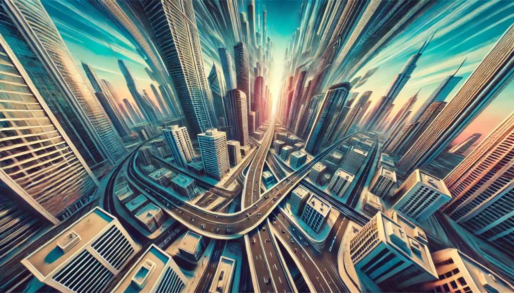 A cityscape with warped buildings and a skewed perspective, creating a disorienting and surreal scene. The skyscrapers bend and twist unnaturally, streets curve unpredictably, and the horizon appears tilted, all captured by the ChatGPT image generator.