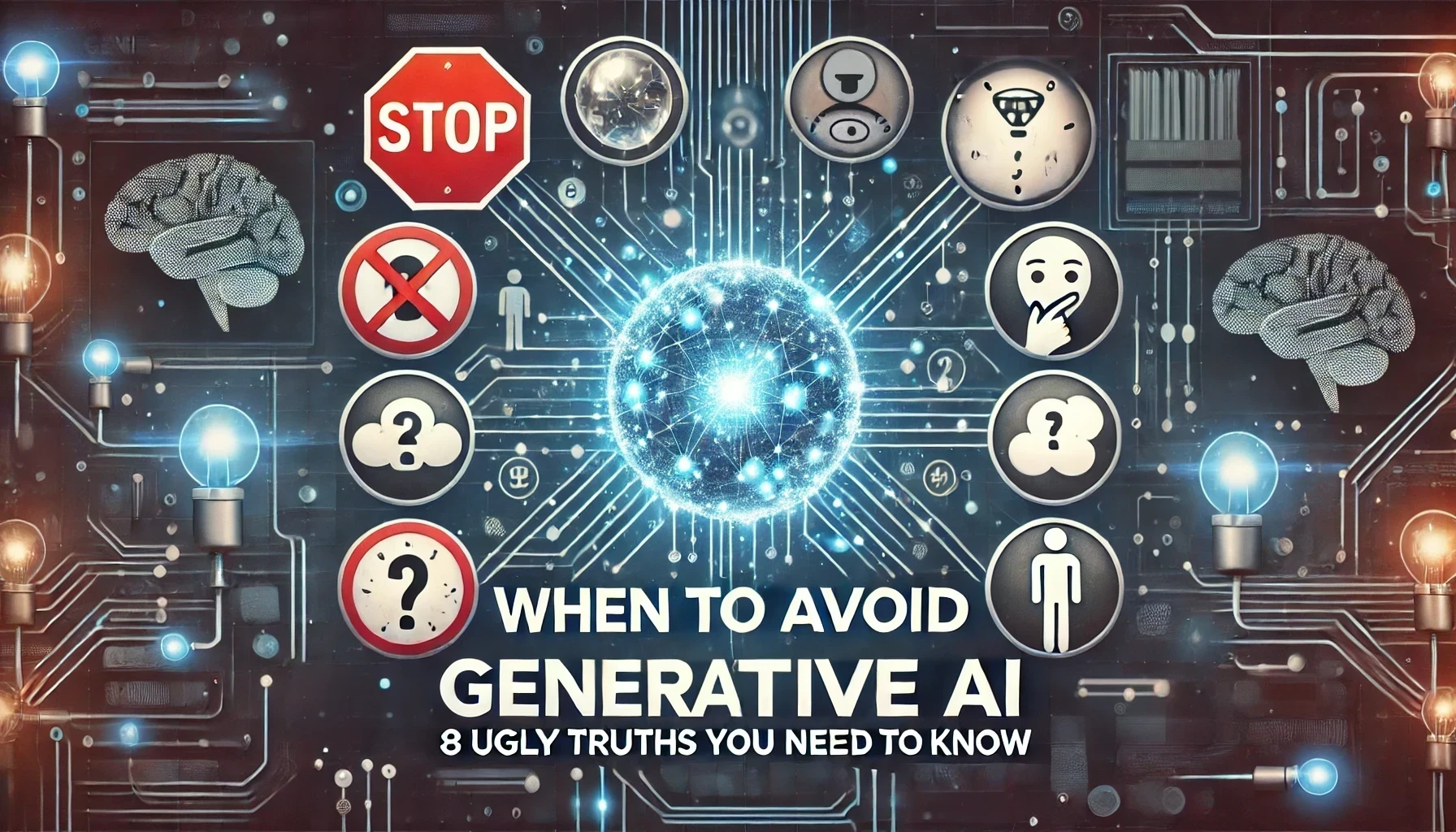 When to Avoid GenAI? Ugly Truths You Need to Know - digital illustration with centered text and icons representing the truths about Generative AI.