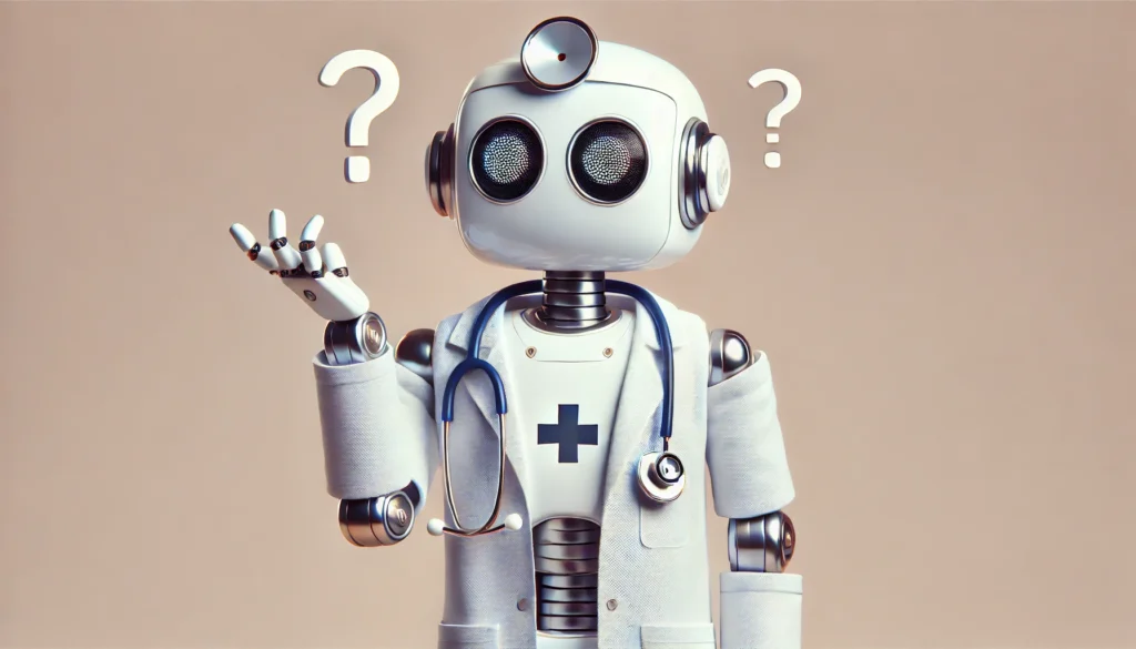 GenAI robot doctor with a confused expression, humorously depicting its lack of qualification to give medical advice.