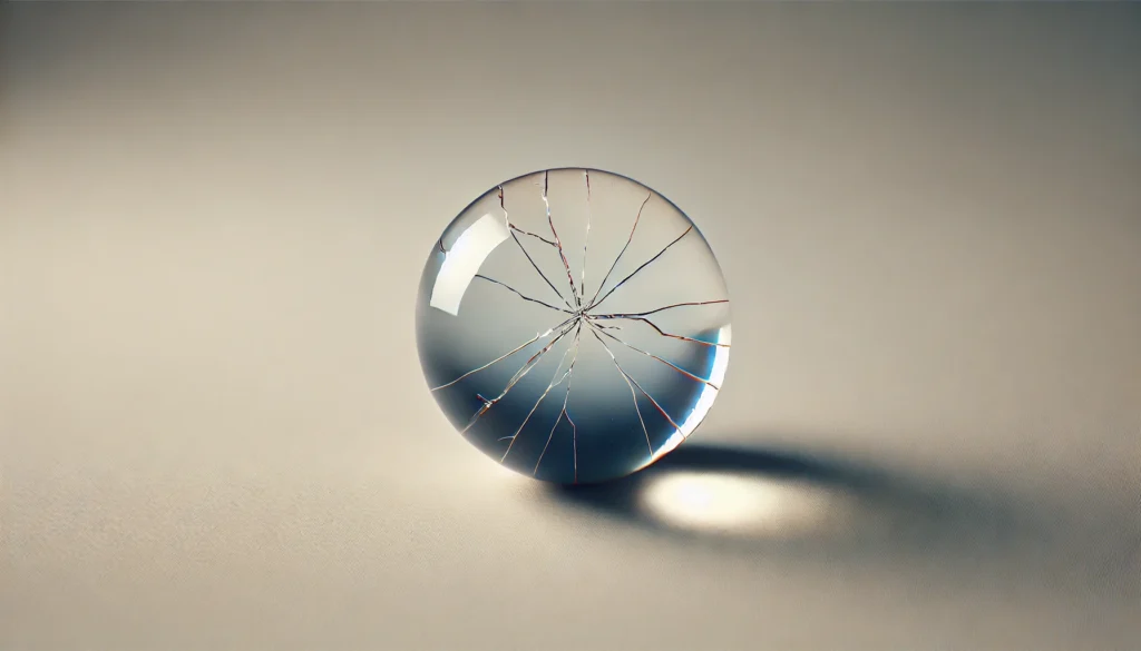 Cracked crystal ball symbolizing the limitations of GenAI's predictive capabilities, with visible cracks representing flaws and inaccuracies.