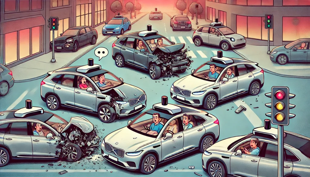 Self-driving cars involved in accidents with frustrated passengers inside, highlighting the unreliability of GenAI in autonomous driving.