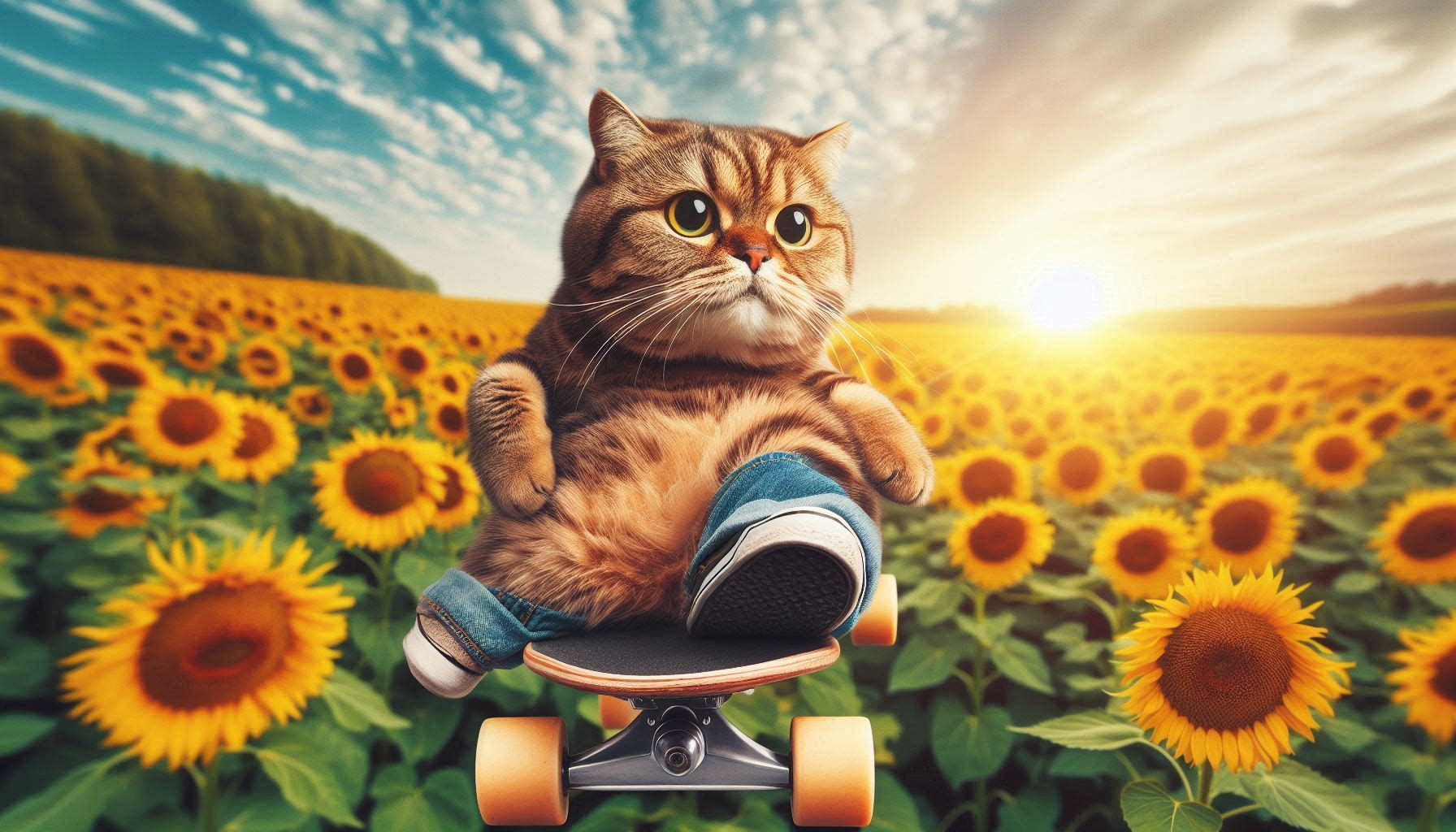 Humorous image of a cat riding a skateboard through a field of sunflowers, demonstrating the creative potential of AI GIF generators.