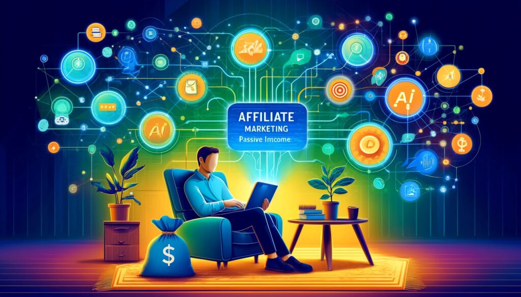 Money with AI: A professional using AI tools for affiliate marketing and passive income.
