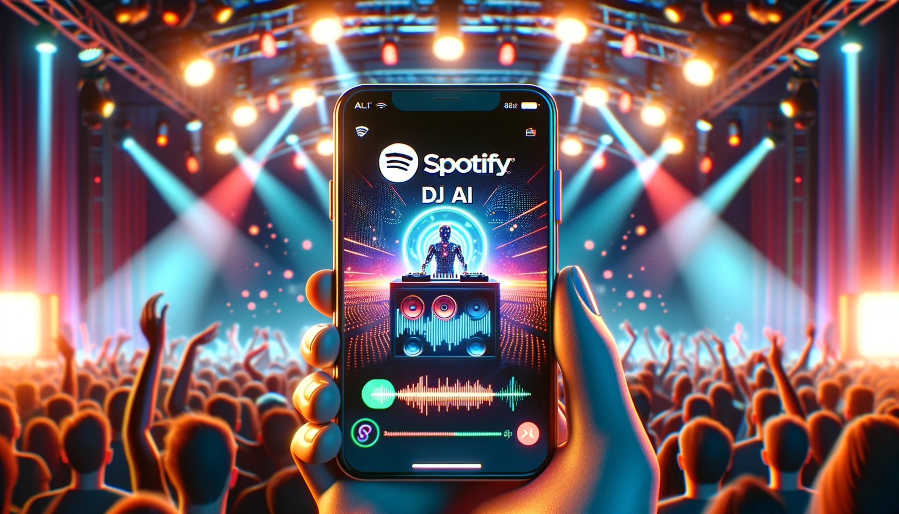 Smartphone screen displaying the Spotify AI DJ feature with a vibrant concert background, showcasing the energetic and modern blend of technology and music.