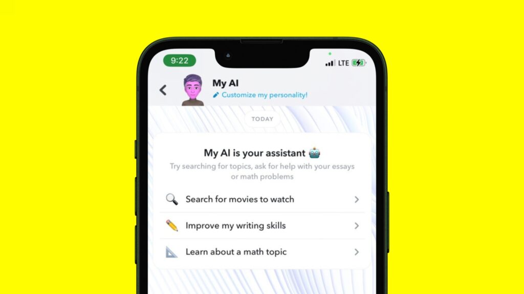 Hands holding a smartphone displaying 'My AI on Snapchat' interface with options to search for movies, improve writing skills, and learn about math.