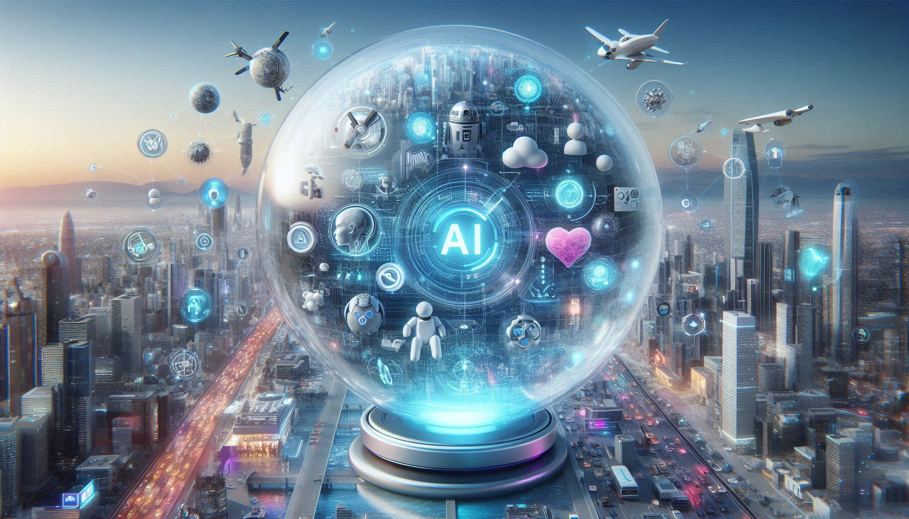 AI Appreciation Day: A large, transparent sphere floating in a futuristic cityscape, showcasing an ecosystem of various AI technologies and movie characters.