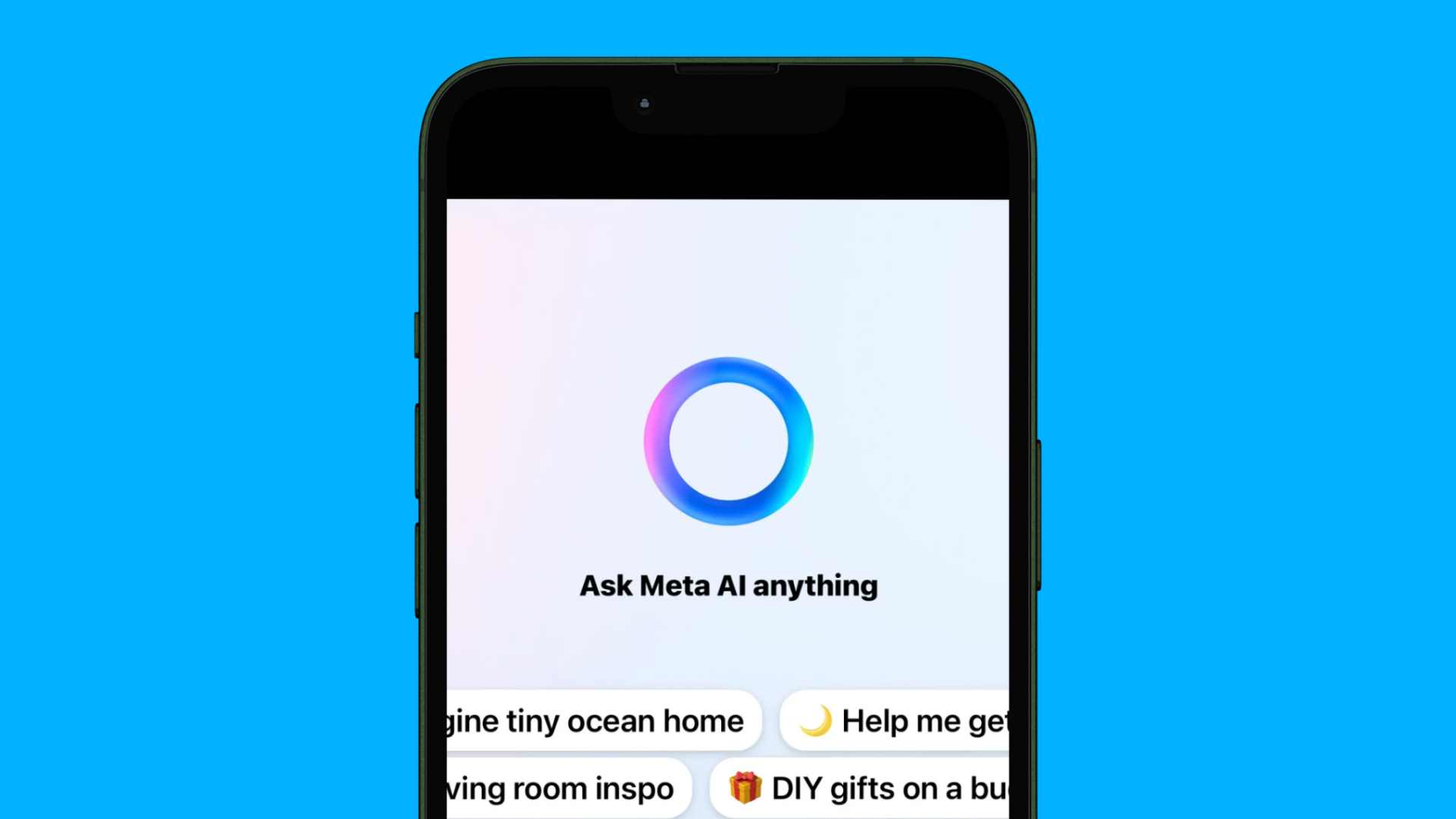 Mobile phone screen showing the Ask Meta AI on Messenger interface with various prompt suggestions.