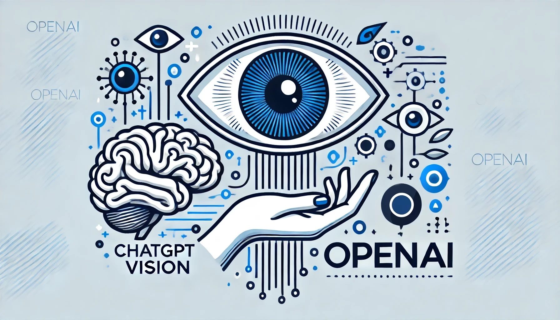 Modern graphic illustrating 'ChatGPT Vision' and OpenAI, featuring a stylized brain for AI and the OpenAI logo in a clean blue and white color scheme
