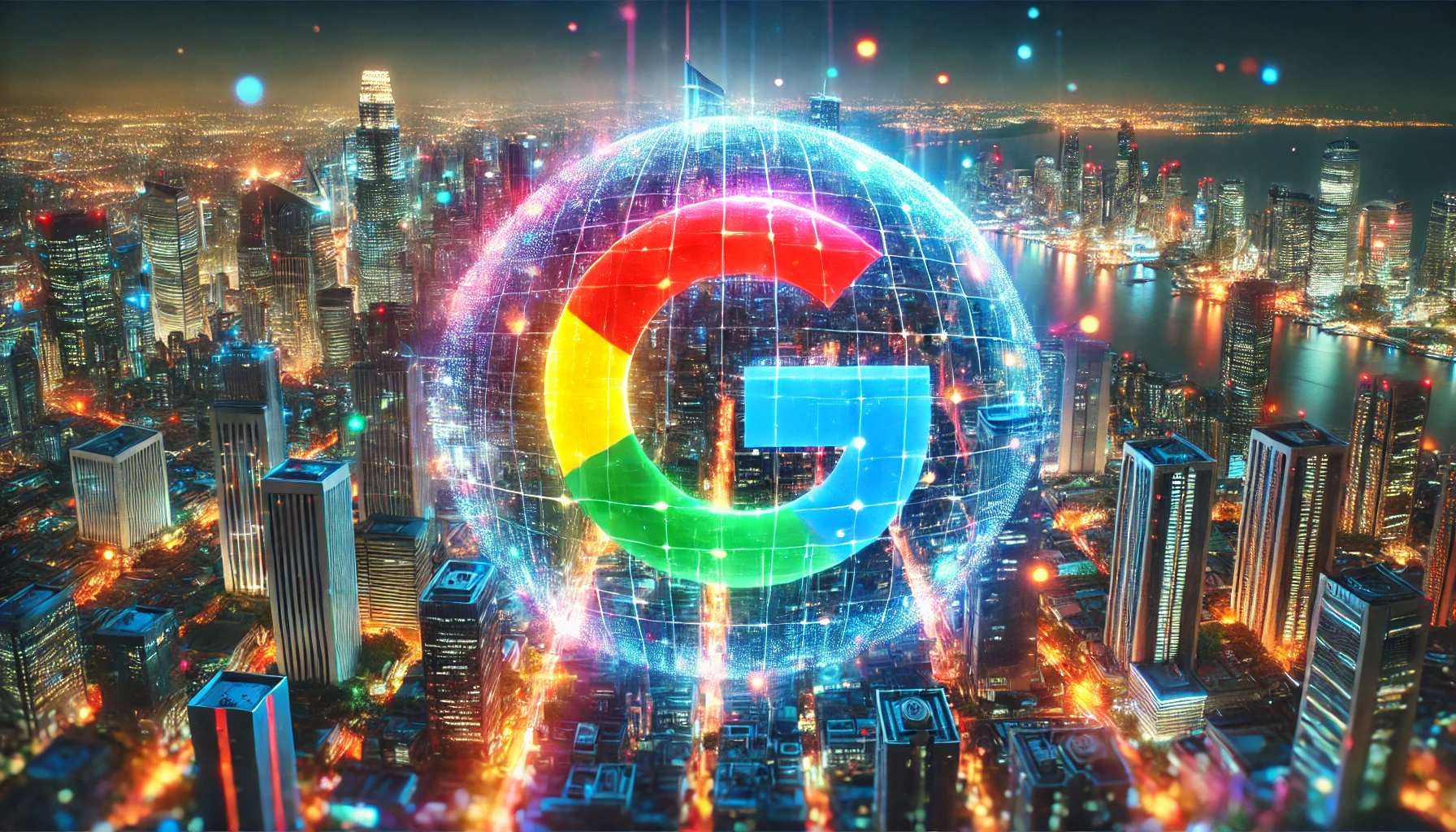 A futuristic cityscape at night with a semi-transparent overlay of Google's colorful logo, symbolizing the integration of Google artificial intelligence into the urban environment.