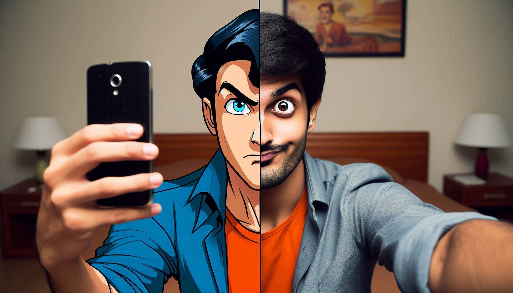 Humorous face swap image showing a person taking a selfie on one side and the same person with a famous cartoon character’s face on the other.