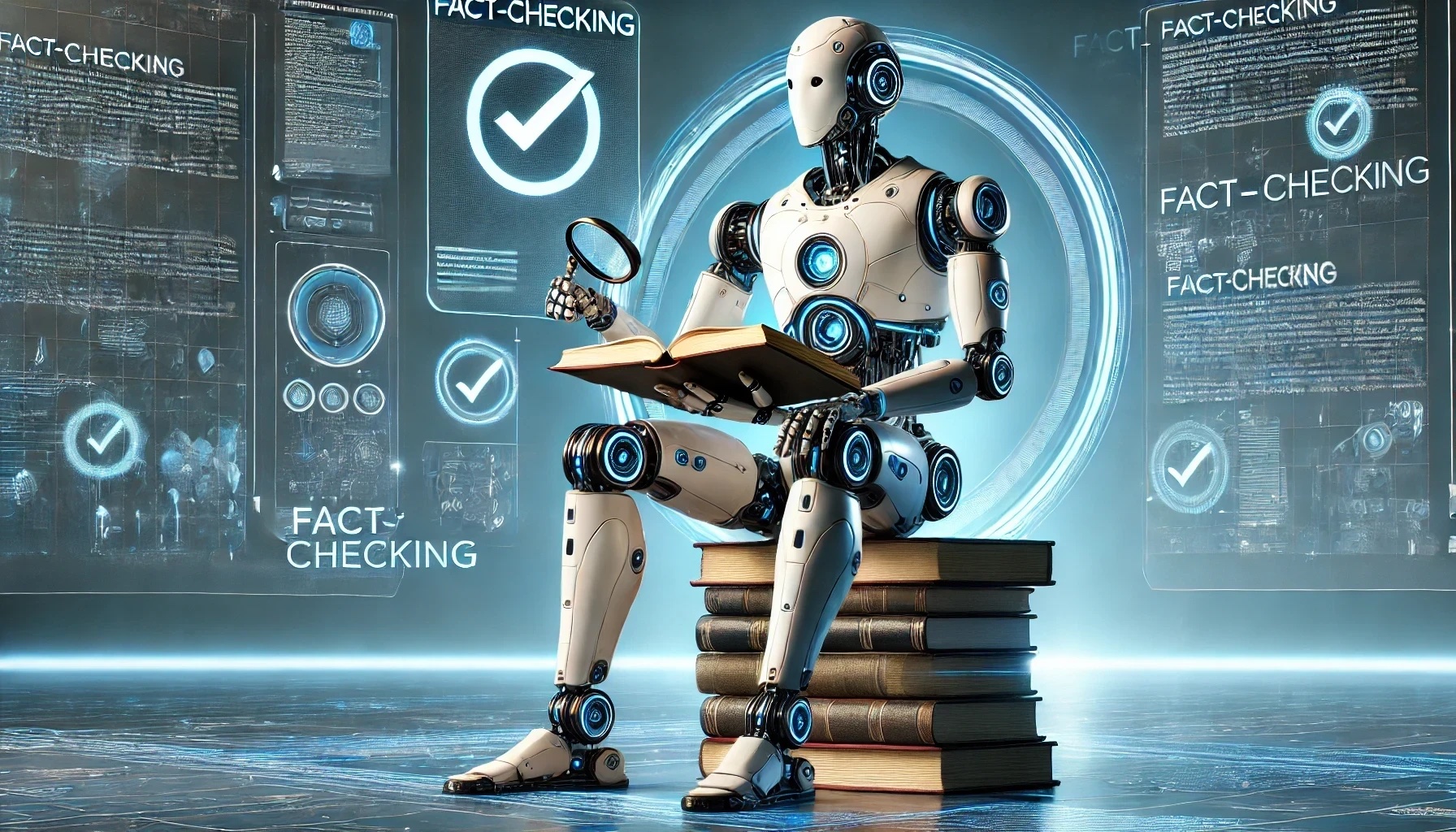 A futuristic robot with a sleek design and glowing blue accents sits on a stack of books, holding an open book and a magnifying glass with a checkmark symbol. The background features a digital interface with a holographic display labeled "Asking AI Questions" and lines of text, illuminated by a cool blue light.