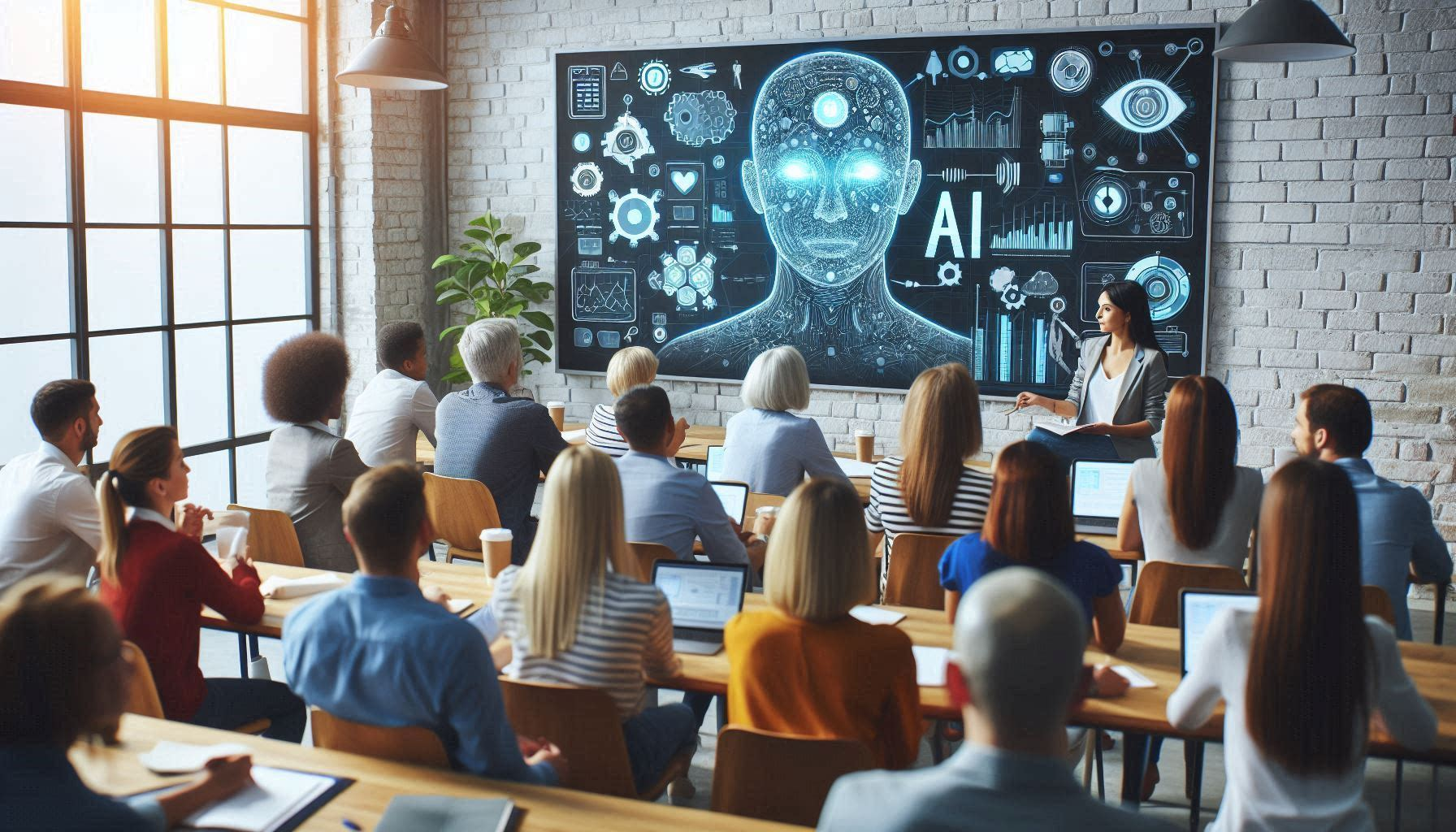 A diverse group of people learning about Trustworthy AI in a classroom setting.