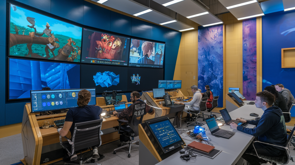 Disney AI team working on animation projects in a high-tech studio with large screens displaying character scenes
