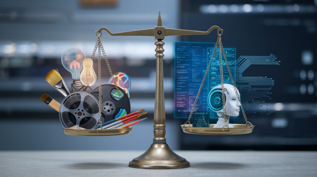 A scale balancing traditional creative tools like paintbrushes and film reels on one side and AI technology symbols on the other, symbolizing the integration of Disney AI in creativity