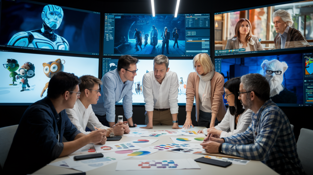 Creative team collaborating on Disney AI character designs with screens displaying animated concepts and scenes.