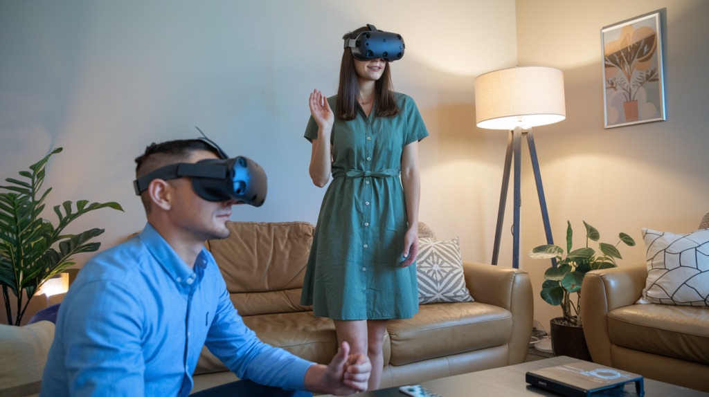 Two people using VR headsets in a comfortable living room, experiencing immersive virtual reality content