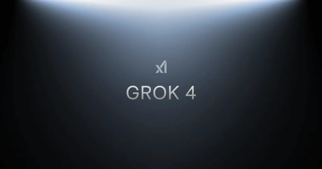 Dark gradient background with the text “Grok 4” centered below a minimalist logo.