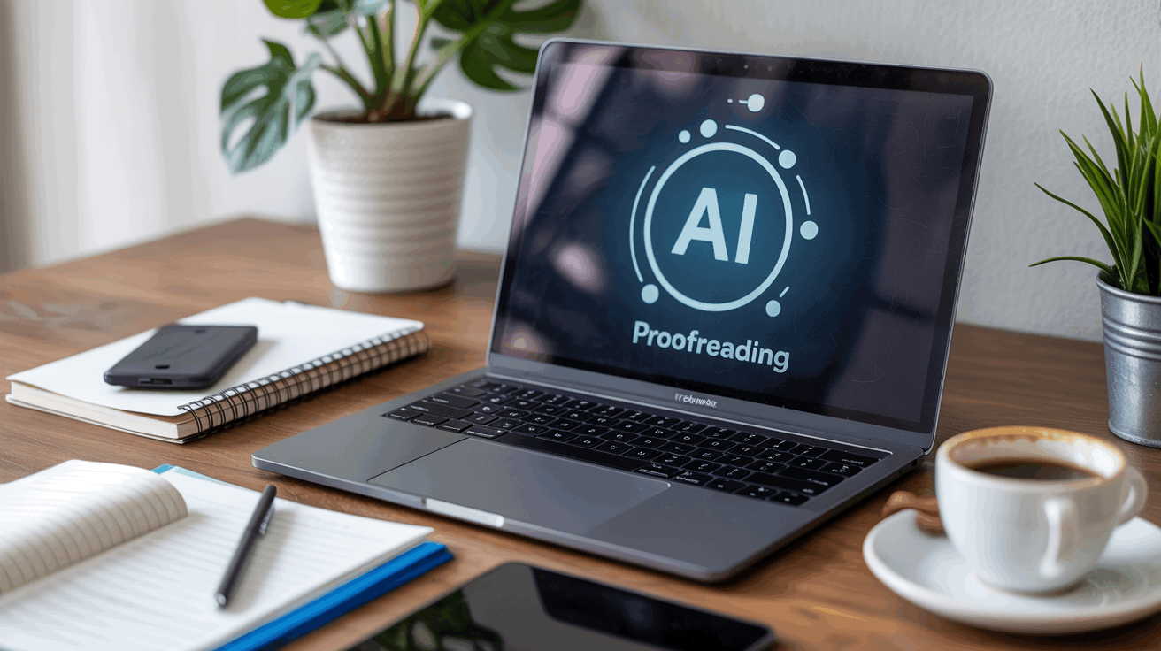 Laptop on a wooden desk displaying an “AI Proofreader” screen, surrounded by a coffee cup, notebooks, smartphone, and a small potted plant.