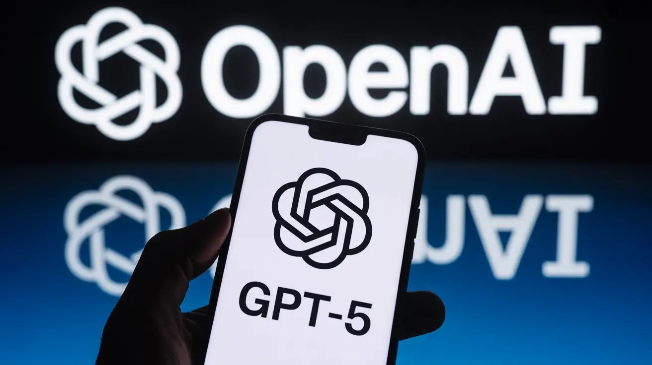Hand holding a smartphone displaying the GPT-5 logo in front of a large illuminated OpenAI sign.