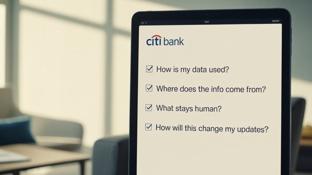A tablet screen showing a Citi Bank checklist with four key client questions: “How is my data used?”, “Where the info come from?”, “What stays human?”, and “How will this change my updates?”, representing transparency in AI in Banking.