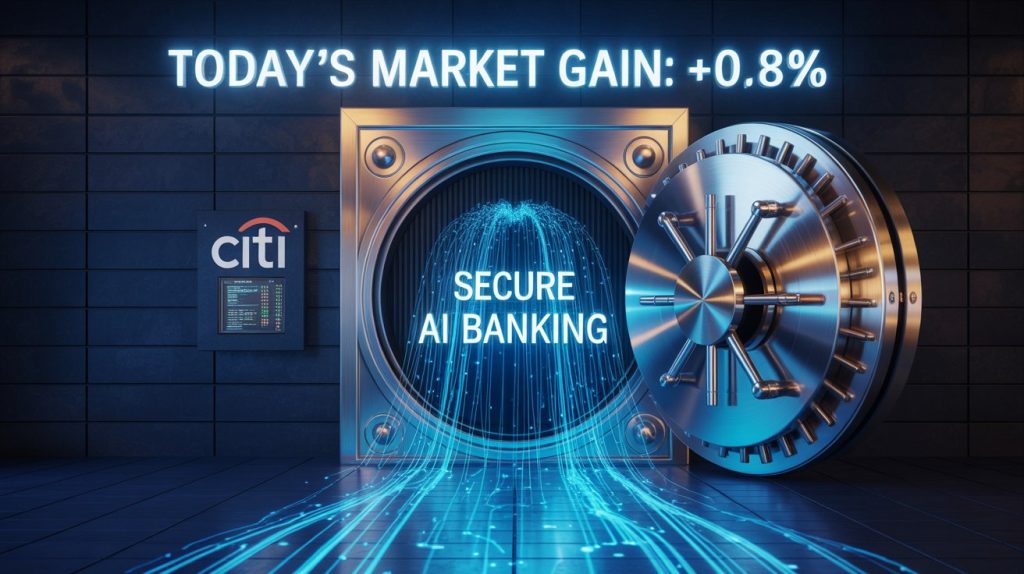 A glowing vault with digital data streams flowing outward, displaying the words “Secure AI Banking” and “Today’s Market Gain: +0.8%,” symbolizing trust and speed in AI in Banking.
