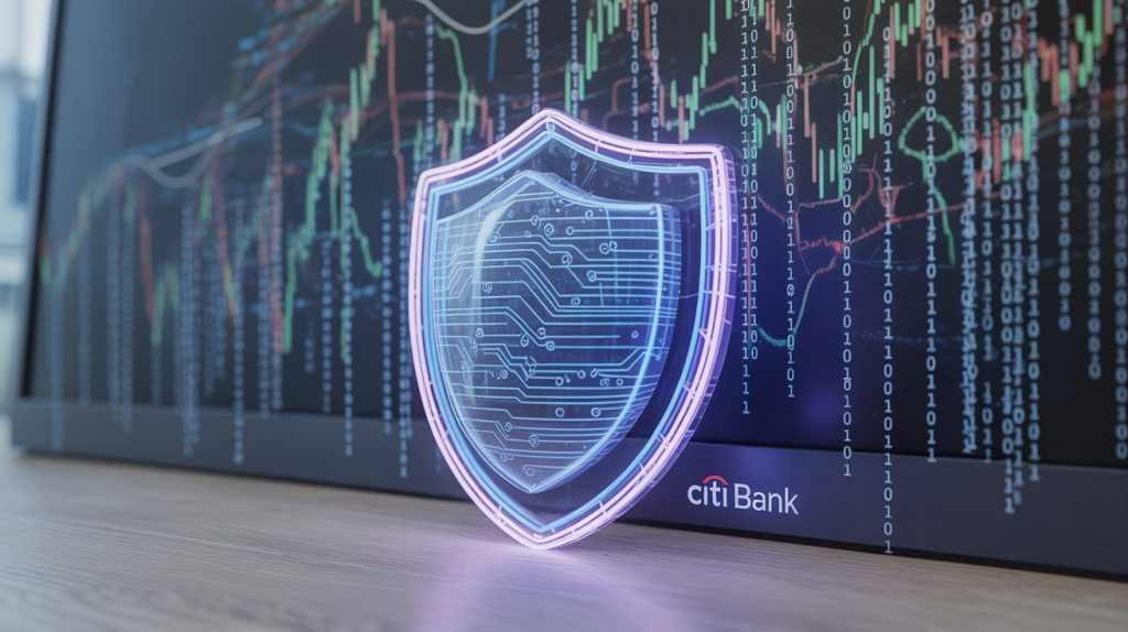 A glowing digital shield with circuit patterns stands in front of financial charts and binary code, symbolizing security and trust in AI in Banking, with Citi Bank branding visible below.