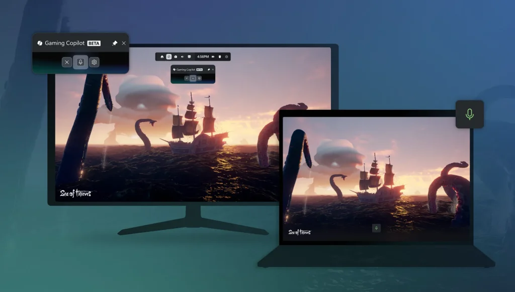 Gaming Copilot shown on both monitor and laptop screens during a Sea of Thieves Kraken encounter at sunset.
