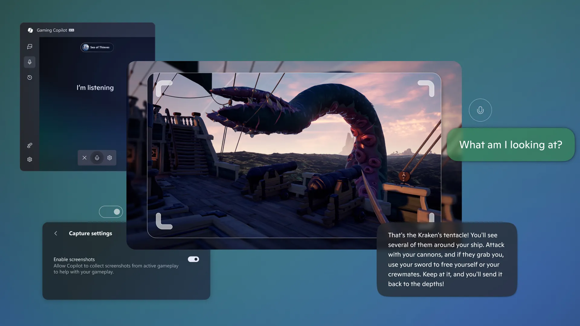 Gaming Copilot interface identifying a Kraken tentacle attack in Sea of Thieves gameplay.