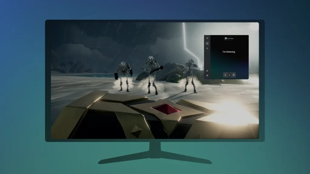 Gaming Copilot assisting during a Sea of Thieves battle with skeleton enemies on a stormy island.