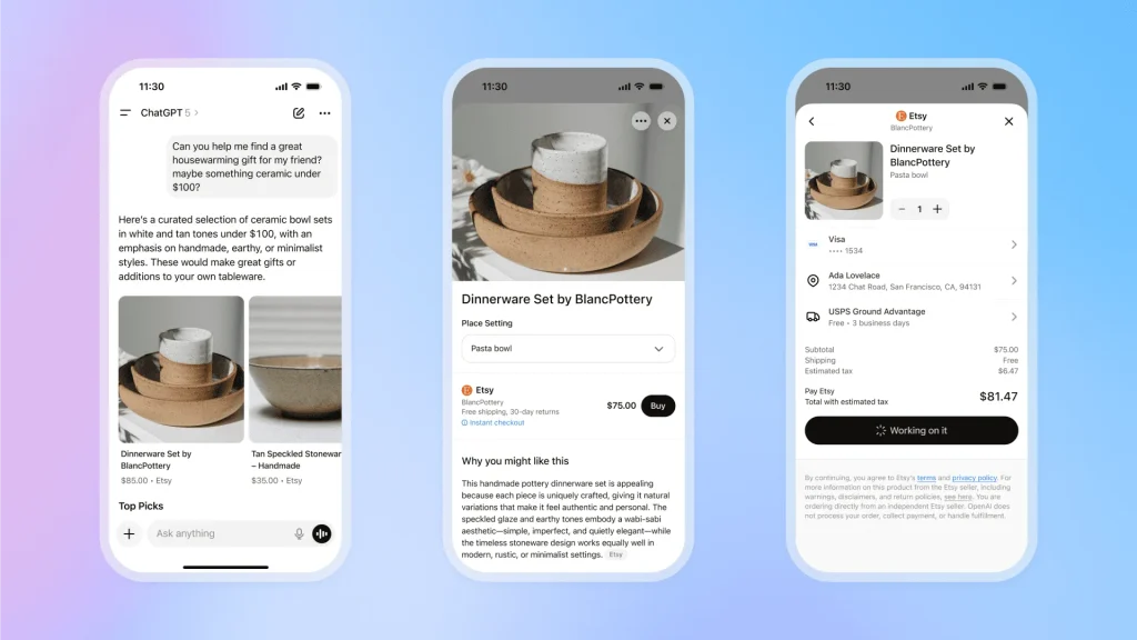 Instant checkout in ChatGPT showing a dinnerware set purchase flow with Etsy on a mobile screen