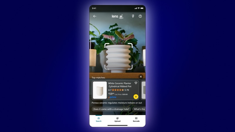 Lens Live AI feature in Amazon Shopping app showing a white ceramic ribbed planter with real-time product matches.