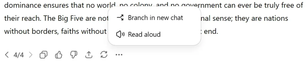ChatGPT interface screenshot showing the “Branch in new chat” and “Read aloud” options in a dropdown menu, highlighting the branching feature.