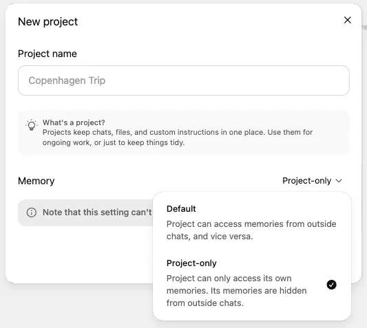 New project setup screen in ChatGPT showing Projects in ChatGPT with a project named “Copenhagen Trip” and options for memory settings, including “Default” and “Project-only.”