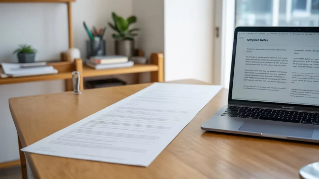 Surprising Things ChatGPT Can Do: Summarize documents, shown by a long printed document on a desk beside a laptop screen with simplified notes.

Title: