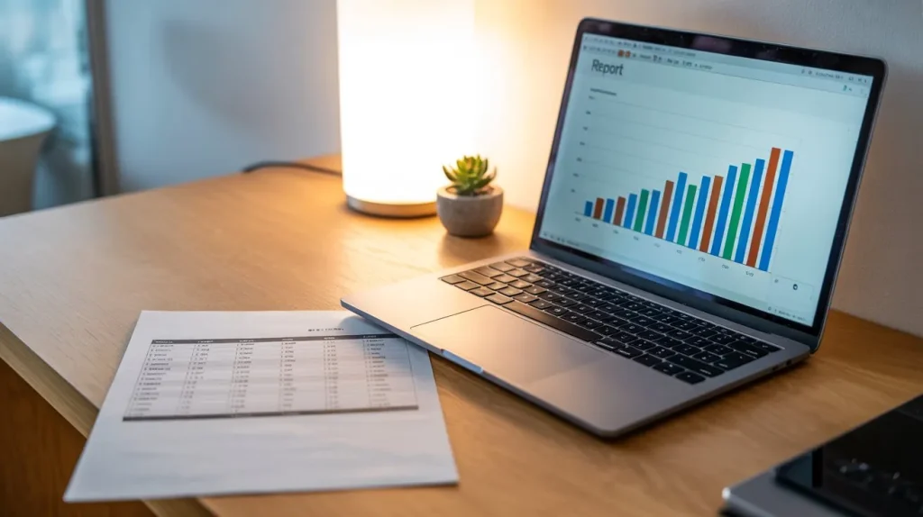 Surprising Things ChatGPT Can Do: Work with numbers, shown by a spreadsheet on a desk beside a laptop displaying a colorful bar chart labeled Report.