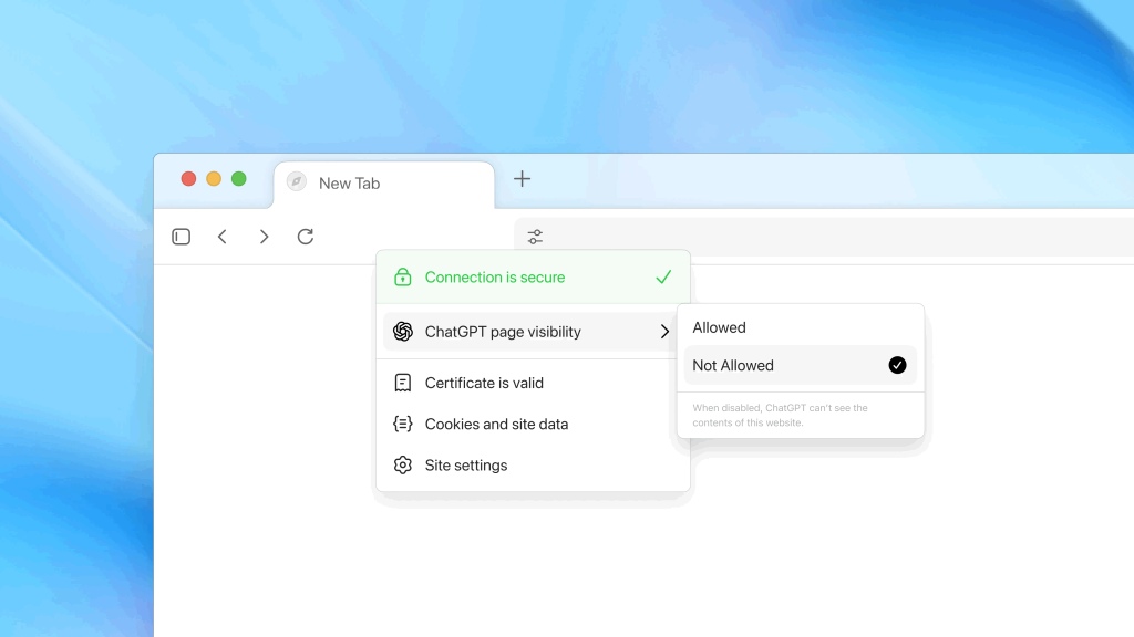 ChatGPT Atlas page visibility control with Allowed/Not Allowed toggle in the browser security menu