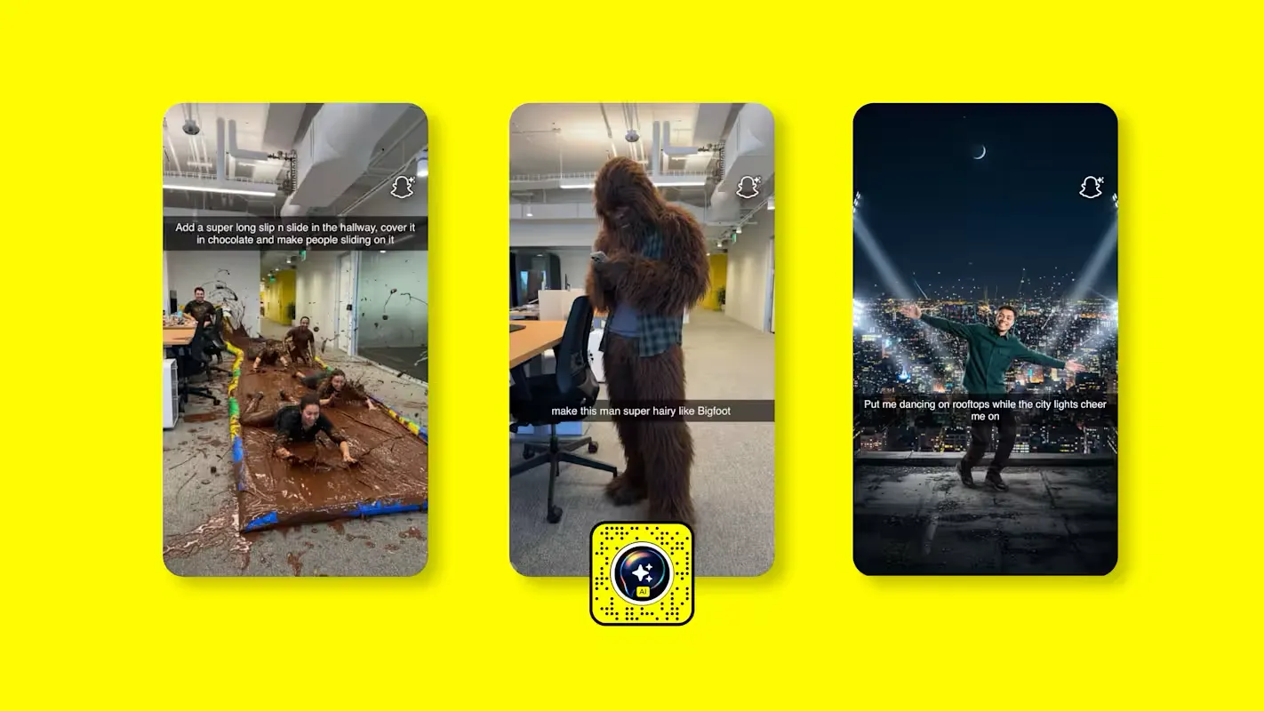Snapchat Imagine Lens examples showing creative AI-generated Snaps — a chocolate slip-n-slide, a Bigfoot-style makeover, and a rooftop dance scene — highlighting how Imagine Lens brings user prompts to life inside the camera.