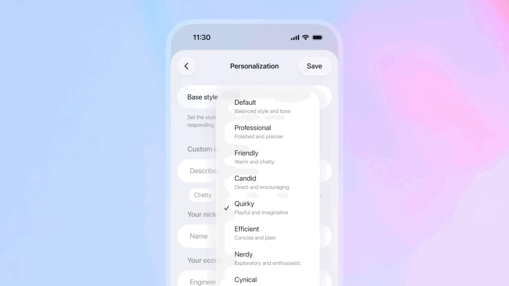 GPT-5.1 personalization menu shown on a smartphone, displaying style options like Default, Professional, Friendly, Candid, Quirky, Efficient, Nerdy, and Cynical.