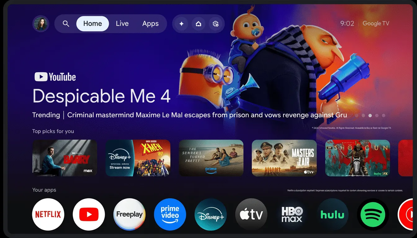 Gemini for TV interface on Google TV showing the Despicable Me 4 screen with recommended apps and streaming rows.