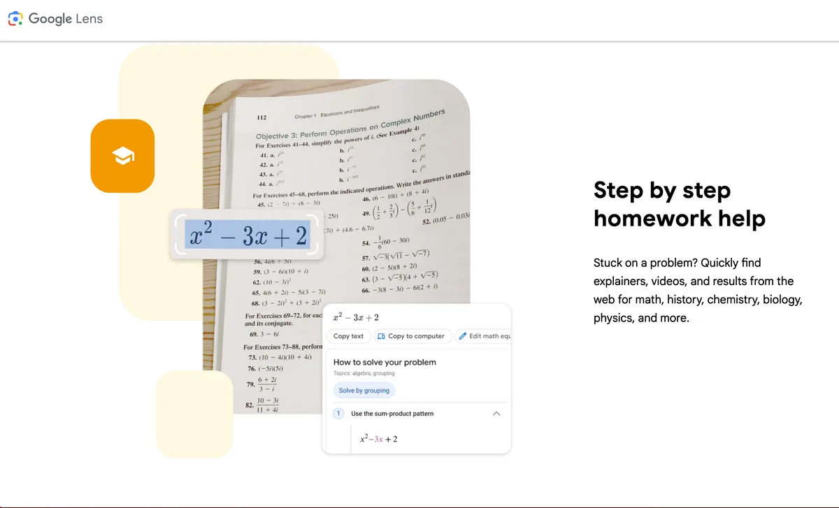 Google Lens showing step-by-step homework help on a math problem from a textbook page.