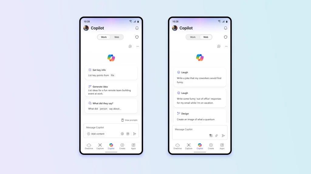 Two mobile screens showing the Microsoft 365 Copilot app interface with chat prompts for work and web tasks.