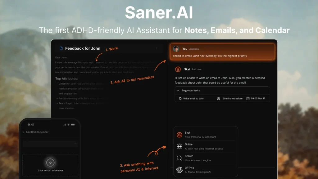 Screenshot of Saner.AI interface showing an ADHD-friendly ai personal assistant organizing notes, emails, and calendar tasks
